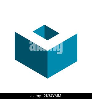 Lettera o logo cubo. Forma a blocco isometrica 3D con effetto ombra lungo. Casella blu con la lettera o bianca sulla parte superiore. Simbolo del settore edile. Vettore Illustrazione Vettoriale