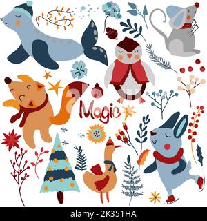 Animali invernali magici, coniglio carino, volpe divertente, pinguino, foca artica, inverno foglie colorate e fiori. Animali Scandinavia. Perfetto per biglietti d'auguri, poster, cartoline, striscioni. Vettore Illustrazione Vettoriale