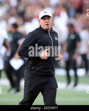 24 settembre 2022 - Hawaii Rainbow Warriors allenatore capo Timmy Chang durante una partita tra il New Mexico state Aggies e le Hawaii Rainbow Warriors presso l'Aggie Memorial Stadium a Las Cruces, NM - Michael Sullivan/CSM Foto Stock