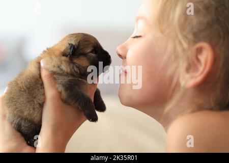 Ragazza piccola felice dà un cane di bacio Foto Stock