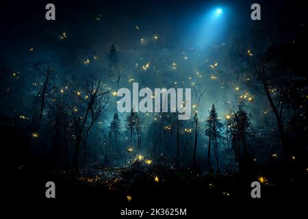 Immagine astratta e magica di lucciole scintillanti che volano nella foresta notturna. Concetto di fiaba Foto Stock