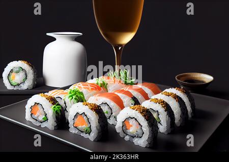 Sushi splendidamente placcato abbinato al vino sake e prugna, fotografia del cibo, sfondo nero, illuminazione spettacolare, Foto Stock