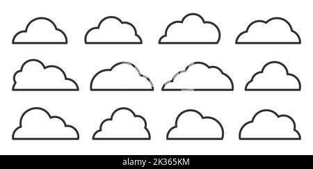 Insieme di icone di linee sottili nere. Traccia del database, della rete, del cloud storage su Internet. Forme diverse astratte simbolo di previsione meteo lineare e soffice. Logo della bolla del parlato, modello di disegno del banner Web Illustrazione Vettoriale