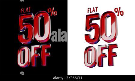 FLAT 50% DI SCONTO. Animazione testo in vetro rosso lucido 3D, su sfondo bianco e nero, rendering 3D. Foto Stock