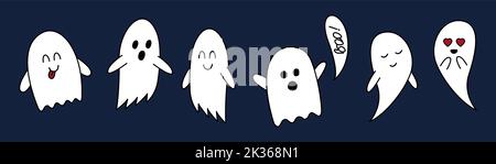 Set di doodle fantasma di Halloween. Cartoni animati carini personaggi . Clipart disegnata a mano, illustrazione vettoriale di contorno isolata su sfondo blu scuro. Illustrazione Vettoriale