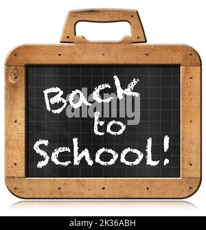 Back to School, lavagna con struttura rettangolare in legno e chiodi a forma di valigetta con manico e testo in gesso, isolata su sfondo bianco. Foto Stock