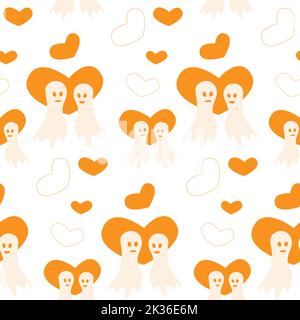 Modello senza cuciture per Halloween con due fantasmi in forme d'amore e cuore in tonalità arancio alla moda. Isolare. Halloween felice. Adatto per carta da imballaggio, poster, cartoline, biglietti d'auguri, prezzi, banner. Illustrazione Vettoriale