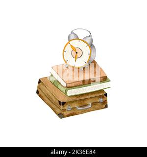 Custodia in acquerello con libri e orologio d'epoca. Custodia in pelle marrone. Vecchia sveglia. Illustrazione isolata su sfondo bianco. Ora d'autunno Foto Stock