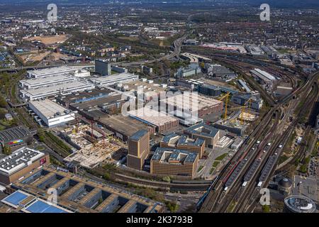 Vista aerea, zona fieristica di Colonia con cantiere e nuovo edificio sala Confex, stazione Messe Deutz, Deutz, Colonia, Renania, Renania settentrionale-Vestfalia Foto Stock