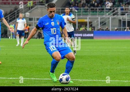 Giacomo Raspadori in Italia contro Inghilterra, partita di calcio della UEFA Nations League a Milano, 23 2022 settembre Foto Stock