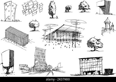 molti schizzi architettonici disegnati a mano di una moderna architettura astratta e case indipendenti e idee urbane e alberi Foto Stock