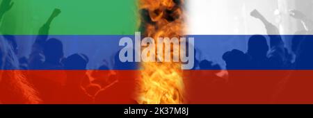 Defocus protesta in Dagestan. Guerra di conflitto tra Russia e Ucraina. Mobilitazione della forza nel Caucaso settentrionale. Bandiere di paese su sfondo fiamma. Persone sil Foto Stock