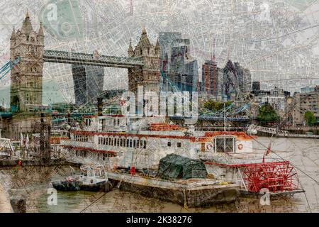 Vecchia mappa di Londra circa 1880 fatta da Whitbread ora di pubblico dominio si è fusa con una scena moderna dalla capitale lungo il Tamigi. Foto Stock