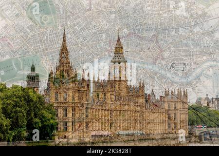 Vecchia mappa di Londra circa 1880 fatta da Whitbread ora di pubblico dominio si è fusa con una scena moderna dalla capitale lungo il Tamigi. Foto Stock