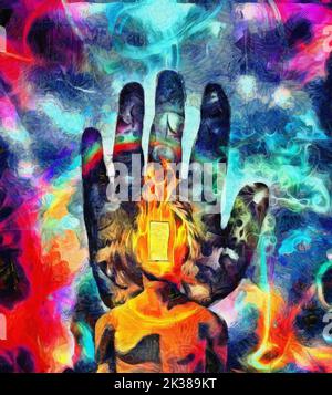 Pittura surreale complessa. Uomo con testa bruciante e porta aperta invece di faccia. Palmo umano sullo sfondo. Rendering 3D Foto Stock