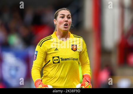 Londra, Regno Unito. 25th Set, 2022. Dagenham e Redbridge, Inghilterra, settembre 25 2022. Portiere Mary Earps (27 Manchester United) durante la partita di calcio della Barclays Womens Super League tra West Ham United e Manchester United al Victoria Road Stadium, Dagenham, Inghilterra. (Kevin Hodgson/SPP) Credit: SPP Sport Press Photo. /Alamy Live News Foto Stock