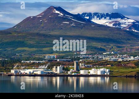 Industria in Eyjaffjordur, Akureyri, Islanda, Europa Foto Stock