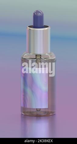 Contenitore in vetro trasparente con contagocce di lusso con etichetta perlacea, oggetto singolo su stile olografico sfondo astratto moderno, concetto di medico Foto Stock