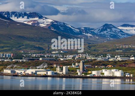 Industria in Eyjaffjordur, Akureyri, Islanda, Europa Foto Stock