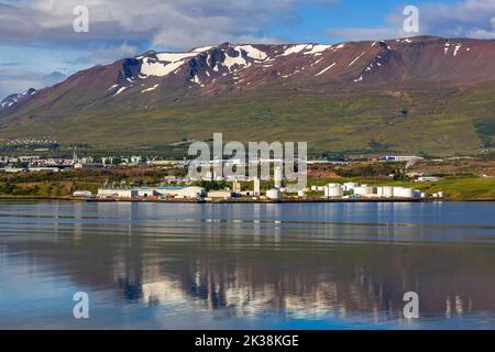 Industria in Eyjaffjordur, Akureyri, Islanda, Europa Foto Stock