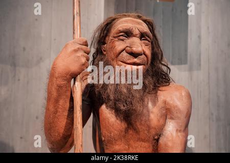 22 luglio 2022, museo di Neanderthal, Germania: Figura in cera dettagliata del caveman preistorico di Neanderthal con lancia nel museo. Antropologia dei Sapiens umani Foto Stock