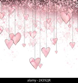 Una ghirlanda di cuori sospesi e spruzzi di vernice. Illustrazione acquerello. Composizione da un grande insieme di PARIGI. Per il design e la decorazione di Foto Stock