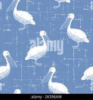 Acquerello bianco pelican modello senza cuciture. Disegnato a mano blu marino acquerello uccello sfondo. Illustrazione degli uccelli oceanici. Stampa modello per poster, w Foto Stock