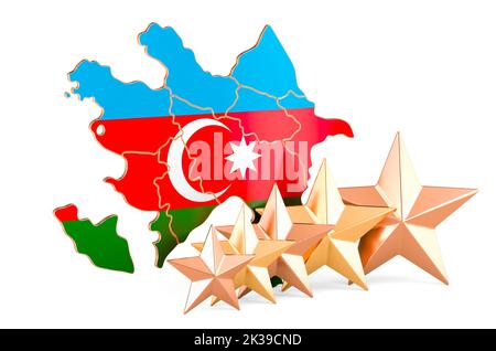 Mappa azerbaigiana con cinque stelle. Valutazione, qualità, servizio in Azerbaigian. 3D rendering isolato su sfondo bianco Foto Stock