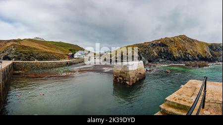 Mullion Cove porto con bassa marea, scogliere e costa sulla costa occidentale della penisola di Lizard, Cornovaglia, Inghilterra sul lato orientale di Mount's Bay Foto Stock