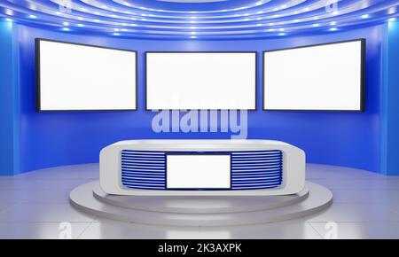 tavolo bianco e sfondo lcd in uno studio di notizie room.3d rendering. Foto Stock