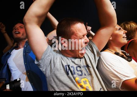 I fan che si divertono in un festival di musica all'aperto - questo concerto è stato creato per l'unico scopo di questo servizio fotografico, con 300 modelli e 3 band dal vivo. Tutti Foto Stock