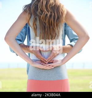 Tenendo il cuore in mano. Immagine posteriore di una giovane coppia che forma le mani in una forma a cuore. Foto Stock