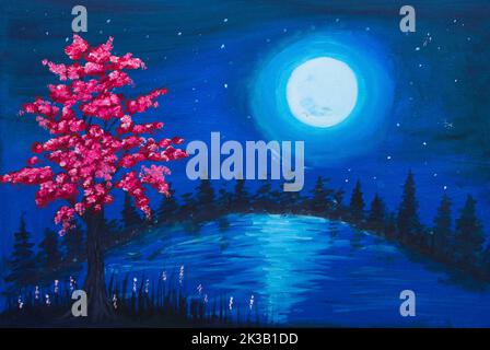 Dipinto ad olio di Luna piena sulla notte blu stellato che splende sulla cima di una collina, un albero coperto di fiori rosa di fronte Foto Stock