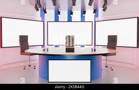 tavolo bianco e sfondo lcd in uno studio di notizie room.3d rendering. Foto Stock