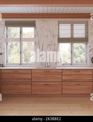 Cucina minimalista in legno dalle tonalità bianche. Pavimento in parquet, soffitto con travi e carta da parati in bambù. Finestre con tende. Design d'interni in stile giapponese Foto Stock