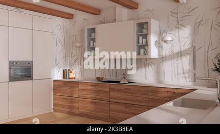 Cucina minimalista in legno in tonalità bianche con elettrodomestici. Pavimento in parquet, soffitto con travi e carta da parati in bambù. Design d'interni in stile giapponese Foto Stock