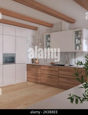 Cucina minimalista in legno dalle tonalità bianche. Armadietti ed elettrodomestici. Pavimento in parquet, soffitto con travi e carta da parati in bambù. Design d'interni in stile giapponese Foto Stock