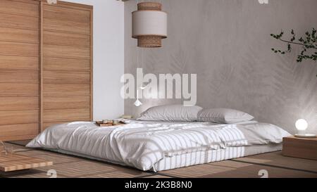 Camera da letto giapponese in tonalità bianche e beige, stile giapponese. Letto matrimoniale, tappetini tatami, lampada di carta, meditazione zen spazio. Interni dal design minimalista Foto Stock