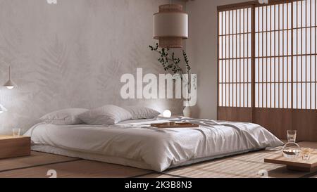 Camera giapponese in tonalità bianche e beige, stile zen. Letto matrimoniale, tappetini tatami, lampada di carta, spazio di meditazione. Interni dal design minimalista in japandi Foto Stock