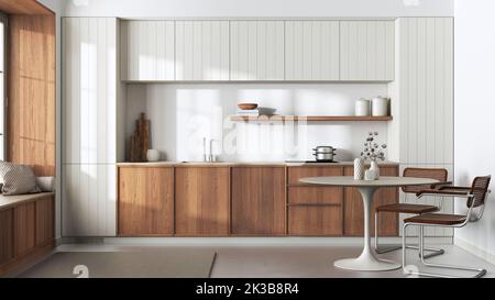 Japandi cucina in legno alla moda e sala da pranzo nei toni del bianco e del beige. Armadietti in legno, carta da parati contemporanea e grande finestra. Interni minimalisti de Foto Stock