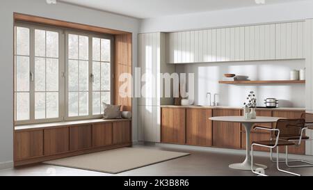 Cucina moderna e alla moda e sala da pranzo in tonalità bianche e beige. Armadietti di legno e grande finestra. Interni dal design minimalista in japandi Foto Stock