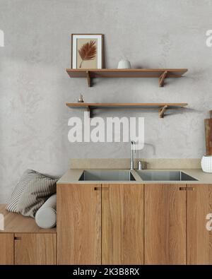 Primo piano della cucina giapponese nei toni del bianco e del beige. Carta da parati, armadi in legno, ripiani e panca con cuscini. Casa colonica design minimalista interni Foto Stock