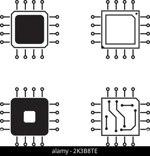 Chip IC a microprocessore per computer con design piatto minimalista, pacchetto icone, microchip elettronico, tecnologia a semiconduttore Illustrazione Vettoriale