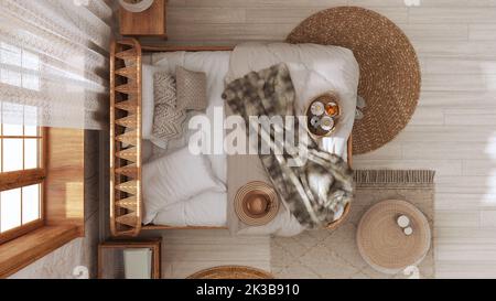 Camera da letto in legno casale in stile boho chic. Letto in rattan e arredi in tonalità bianche e beige. Carta da parati Country, design d'interni vintage. Vista dall'alto, Foto Stock