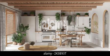 Vista panoramica della moderna cucina in legno nei toni del bianco e del beige. Tavolo da pranzo e elettrodomestici. Design d'interni scandinavo boho Foto Stock