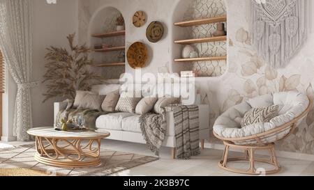 Soggiorno in legno in stile boho con carta da parati e parquet. Divano, tappeto di iuta, poltrona e tavolo in rattan nei toni del bianco e del beige. Interi bohémien Foto Stock