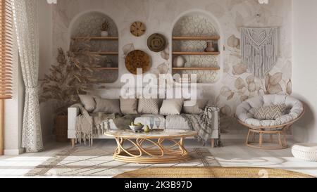 Soggiorno in stile boho con carta da parati e parquet. Divano, tappeto di iuta e poltrona in rattan nei toni del bianco e del beige. Interni in legno bohémien Foto Stock