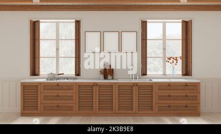 Fondo cucina provenzale con mobili in legno e rattan in tonalità bianche. Lavello, e piano cottura a gas. Telaio mockup. Finestre con persiane e soffitto a travi. Foto Stock