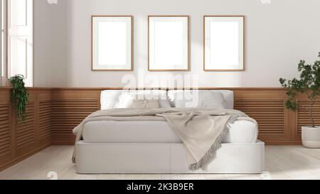 Moderna camera da letto in tonalità bianche. Letto, parete in legno con mockup telaio, piante in vaso e parquet. Idea di concetto di casa di campagna, design d'interni, parte anteriore Foto Stock