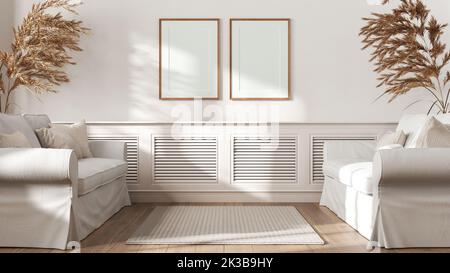 Soggiorno in tonalità bianche, stile coloniale vintage. Divani in tessuto con cuscini e moquette, pannello a parete. Telaio mockup, design d'interni contemporaneo Foto Stock